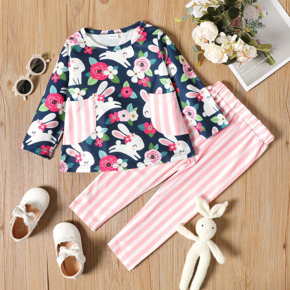 2-piece Toddler Girl Floral Rabbit Print Pocket Design Long-sleeve Tee and Stripe Elasticized Pants Set Deep Blue