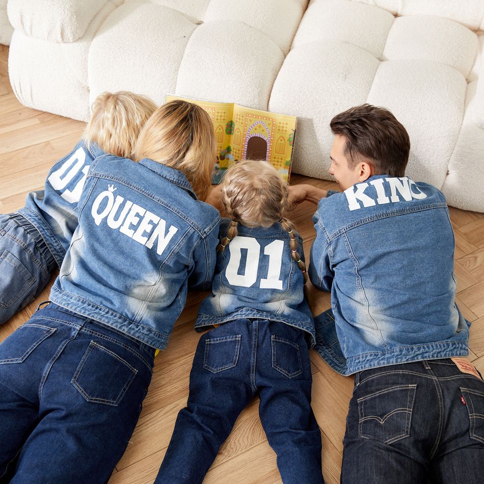 Family Matching Letter Print Light Blue Button Down Denim Jackets DENIMBLUE