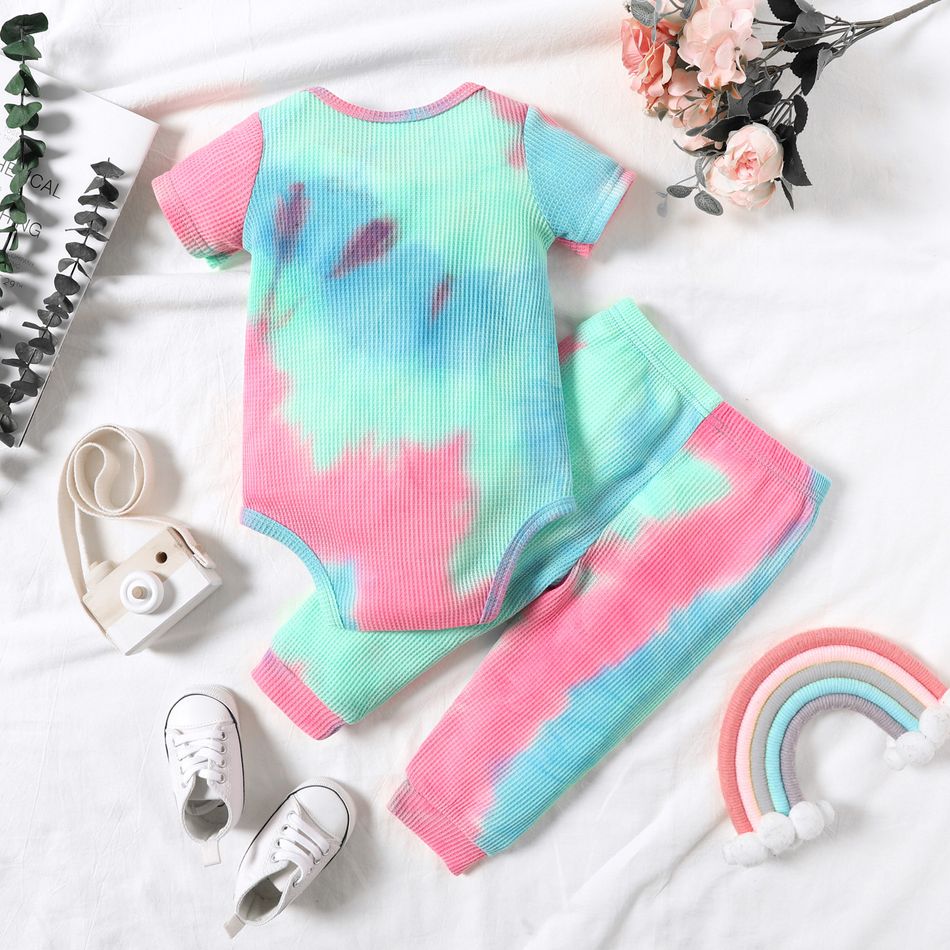 2pcs Baby Boy/Girl Tie Dye Ribbed Short-sleeve Romper and Trousers Set Colorful big image 3