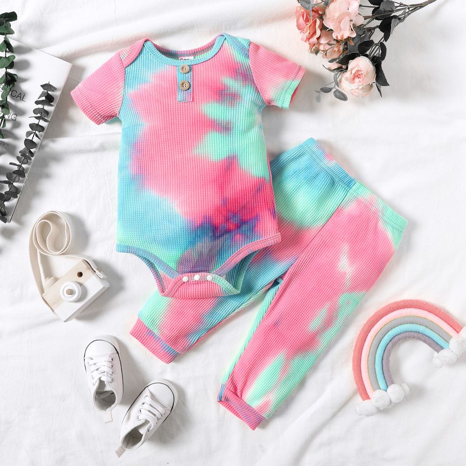 2pcs Baby Boy/Girl Tie Dye Ribbed Short-sleeve Romper and Trousers Set Colorful big image 1