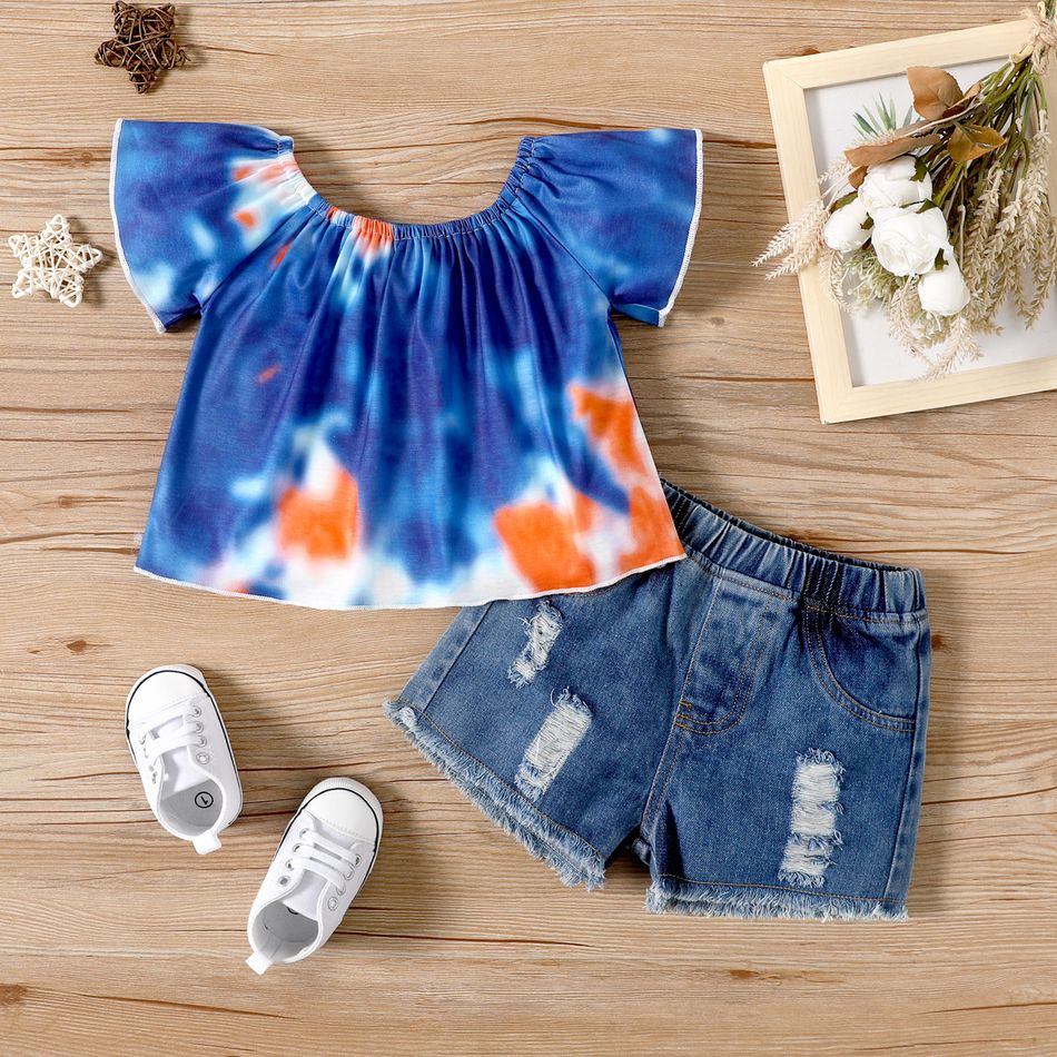 2pcs Baby Girl Blue Tie Dye Short-sleeve Top and Ripped Denim Shorts Set Blue