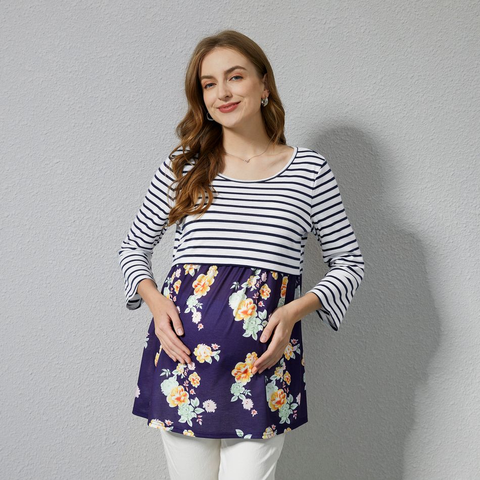 Nursing Contrast Striped Floral 3/4 Sleeve Tee Navy