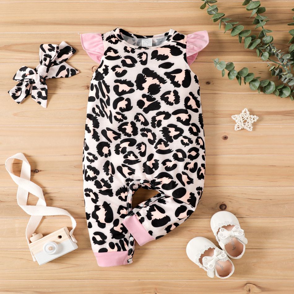 2pcs Baby Girl Allover Leopard Print Flutter-sleeve Jumpsuit with Headband Set Multi-color