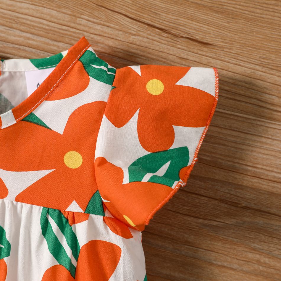 100% Cotton Baby Girl All Over Floral Print Flutter-sleeve Dress Orange big image 5