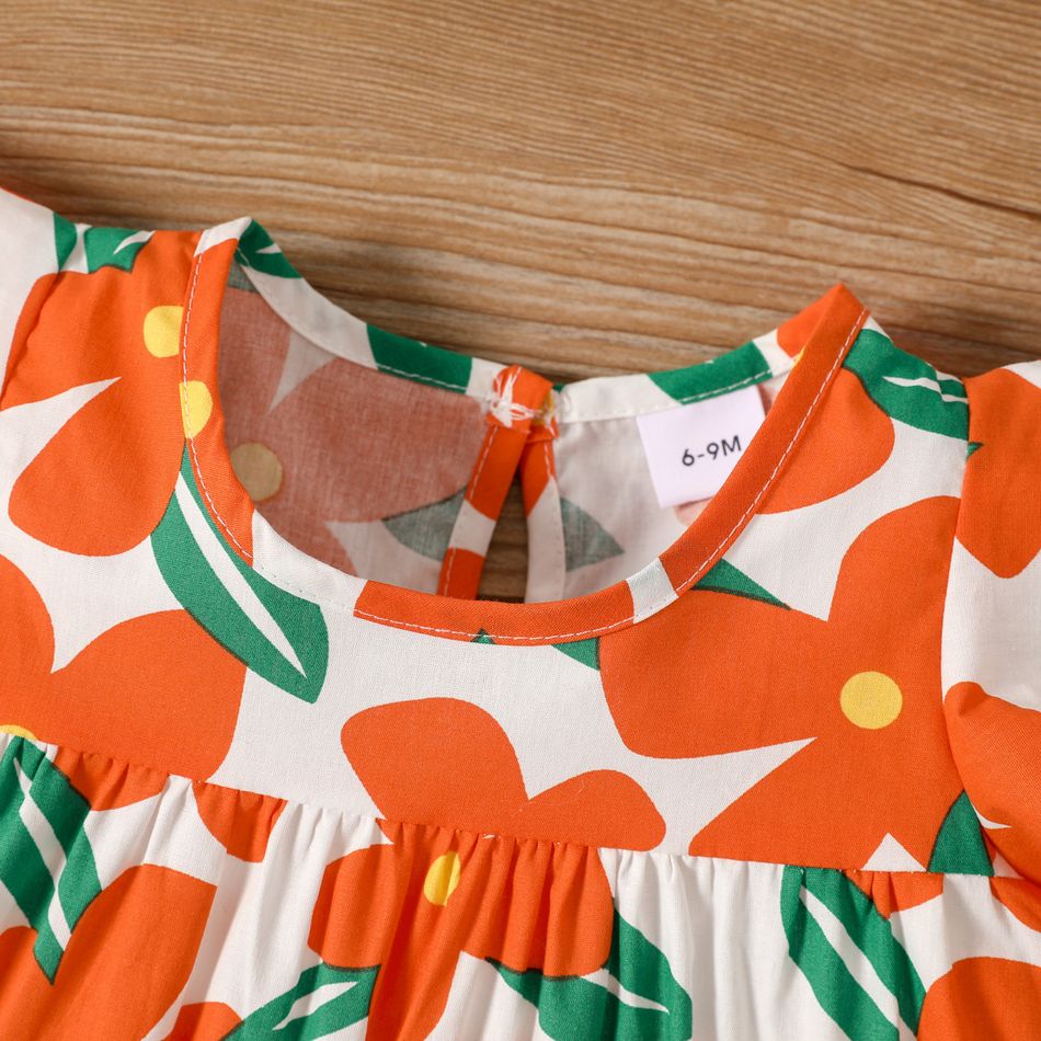 100٪ قطن طفلة في جميع أنحاء فستان بطبعة زهور بأكمام رفرفة البرتقالي big image 3
