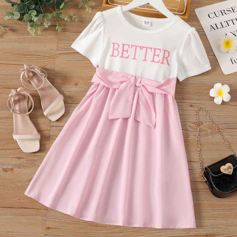 Kid Girl Letter Belted Splice Dress Pink