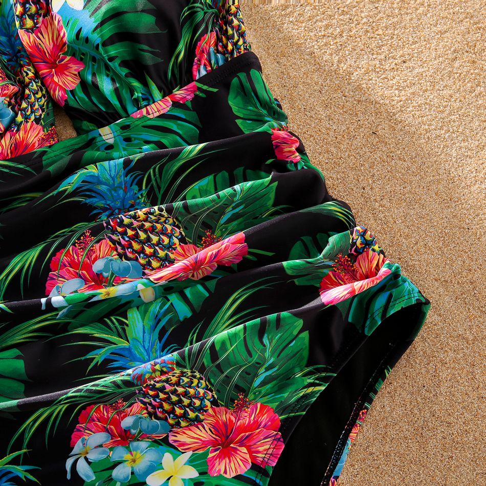 Family Matching All Over Tropical Plants Print Swim Trunks Shorts and One-Piece Swimsuit Black big image 5