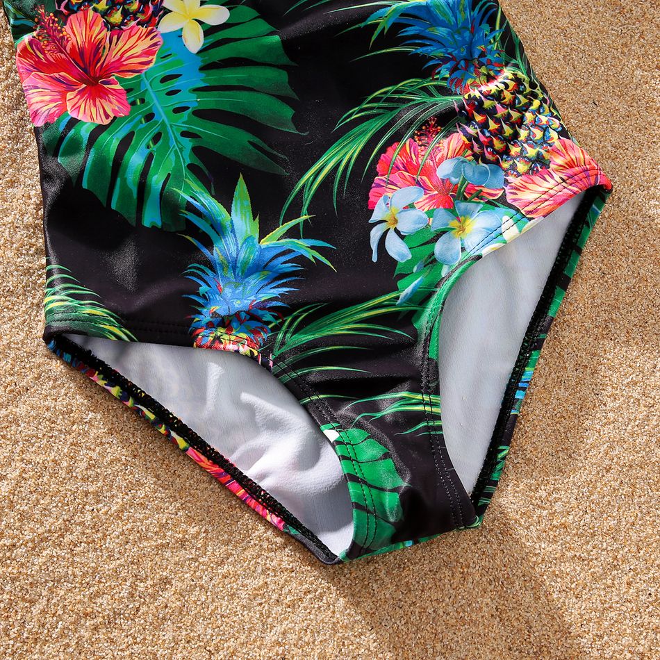 Family Matching All Over Tropical Plants Print Swim Trunks Shorts and One-Piece Swimsuit Black big image 9