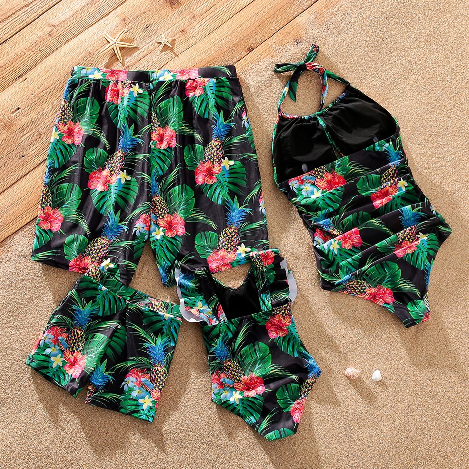 Family Matching All Over Tropical Plants Print Swim Trunks Shorts and One-Piece Swimsuit Black big image 2