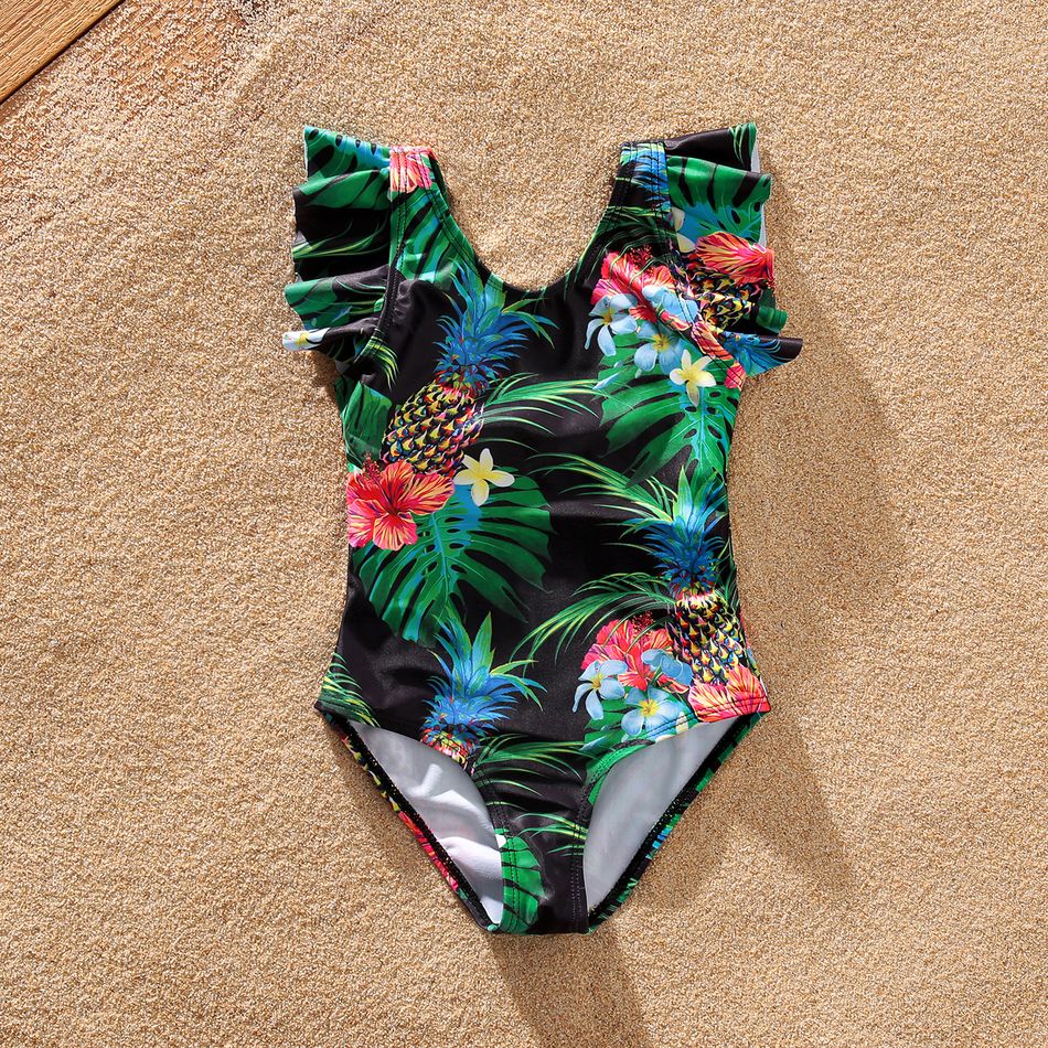 Family Matching All Over Tropical Plants Print Swim Trunks Shorts and One-Piece Swimsuit Black big image 7