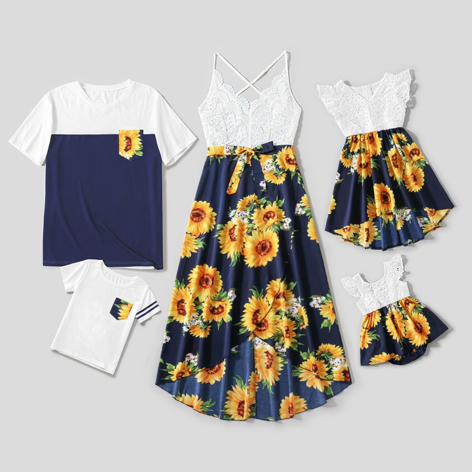 Family Matching Lace Splicing Sunflower Floral Print Tulip Hem Sleeveless Dresses and Short-sleeve T-shirts Sets Black/White