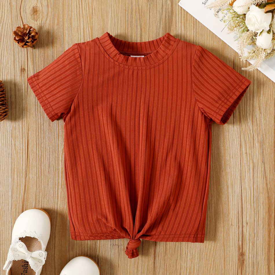 Toddler Girl Solid Color Tie Knot Ribbed Short-sleeve Tee Brown