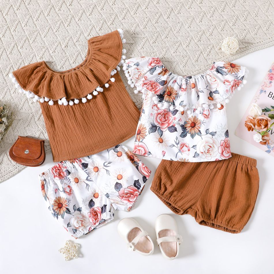 2pcs Baby Girl 100% Cotton Crepe Floral Print Pom Poms Ruffle Sleeveless Top and Shorts Set Color block big image 2