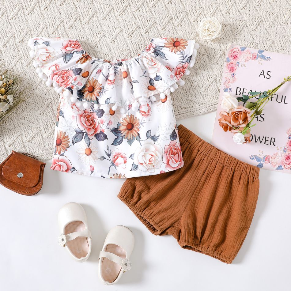2pcs Baby Girl 100% Cotton Crepe Floral Print Pom Poms Ruffle Sleeveless Top and Shorts Set Color block