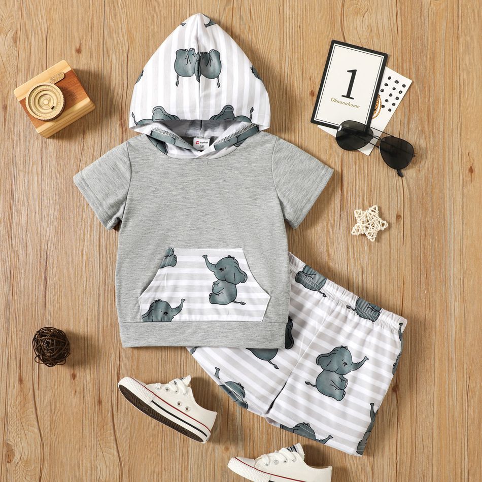 2-piece Toddler Boy Elephant Print Striped Hooded Short-sleeve Tee and Elasticized Shorts Set flowergrey