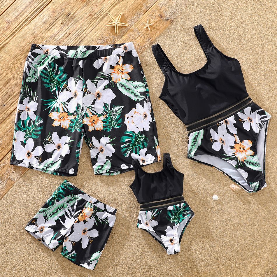 Family Matching Allover Floral Print Swim Trunks Shorts and U Neck Sleeveless Splicing One-Piece Swimsuit BlackandWhite