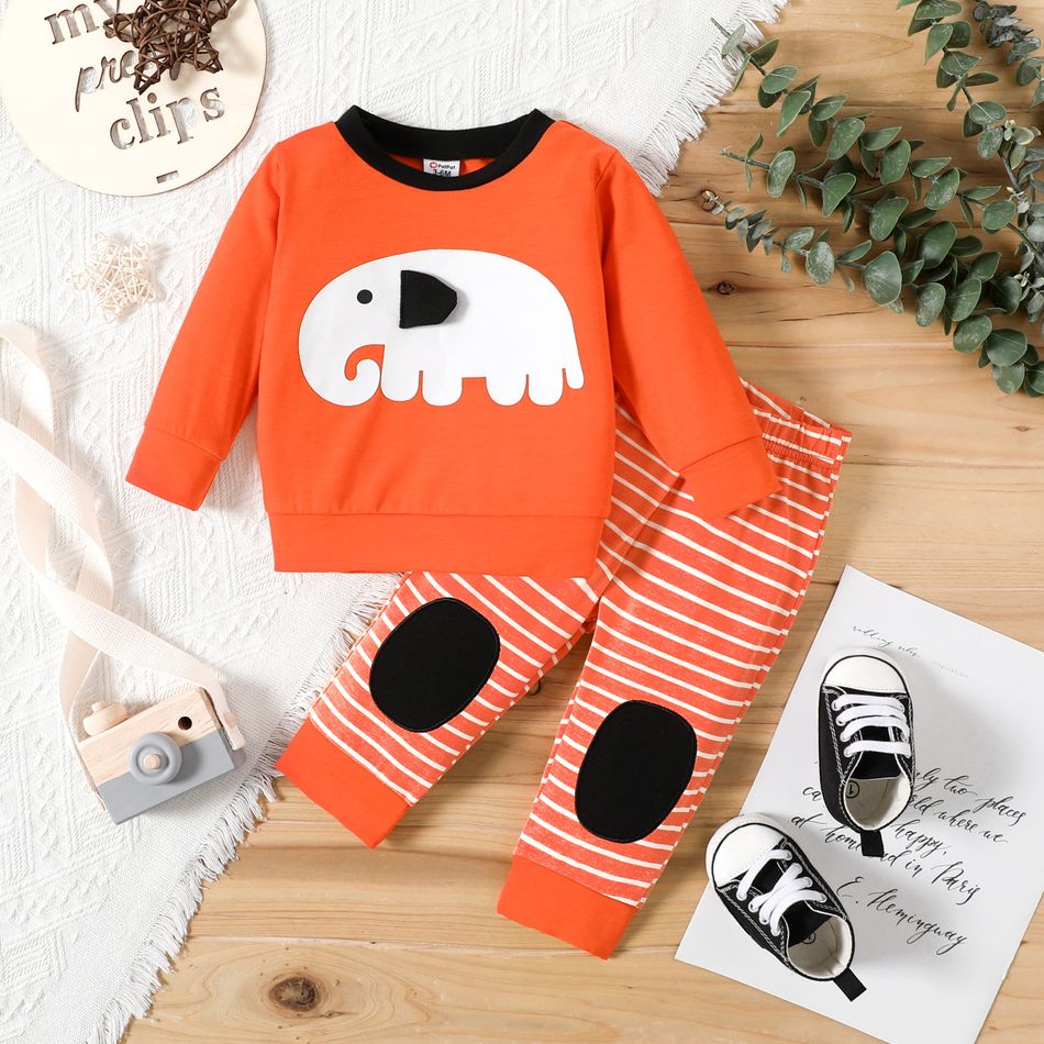 2pcs Baby Boy/Girl Cartoon Elephant Print Long-sleeve Top and Striped Pants Set Orange