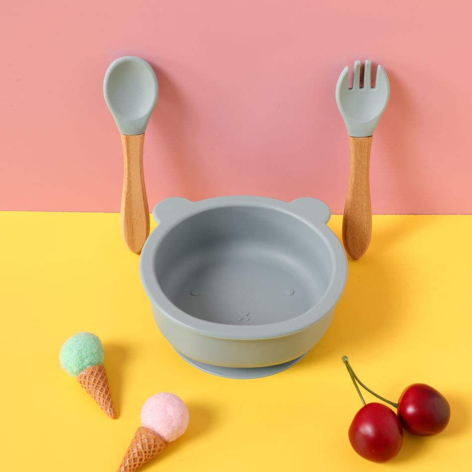 3-pack Baby Cute Cartoon Bear Silicone Suction Bowl and Fork Spoon with Wooden Handle Baby Toddler Tableware Dishes Self-Feeding Utensils Set for Self-Training Bluish Grey big image 2