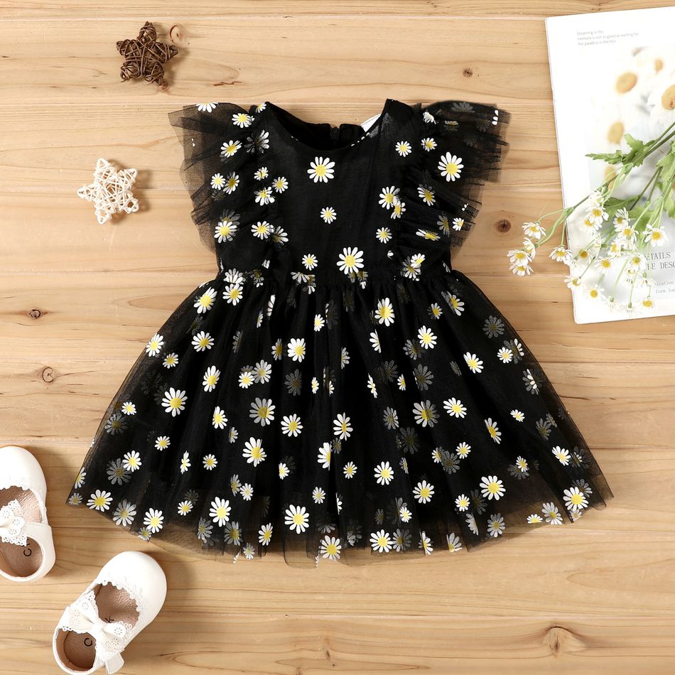 Baby Girl All Over Daisy Floral Print Sleeveless Black Mesh Tutu Dress Black