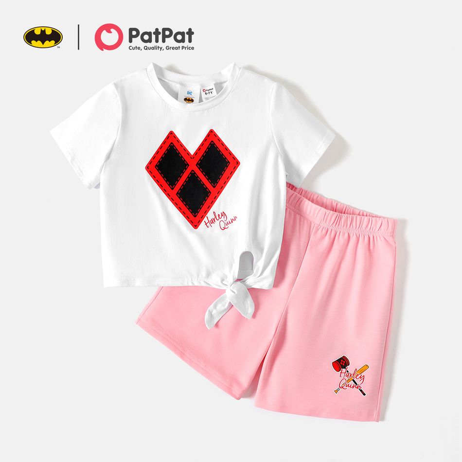 Batman 2-piece Kid girl Geo Print Tie Knot Short-sleeve White Cotton Tee and Letter Print Pink Shorts Set PinkyWhite