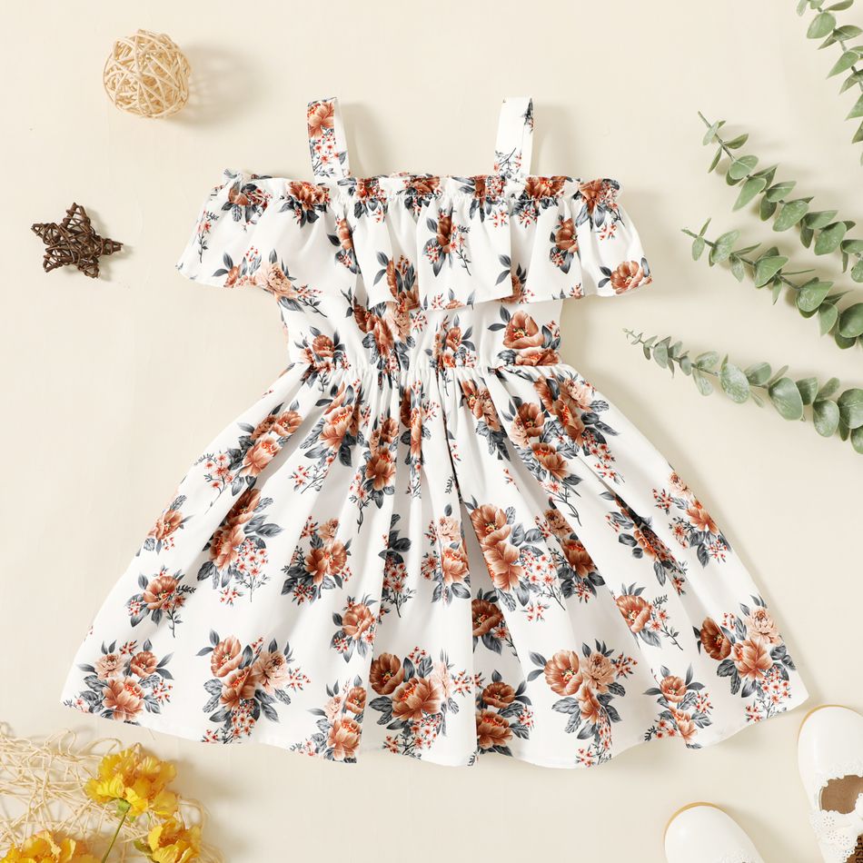 Toddler Girl Flounce Off Shoulder Floral Print/Solid Color Strap Dress White