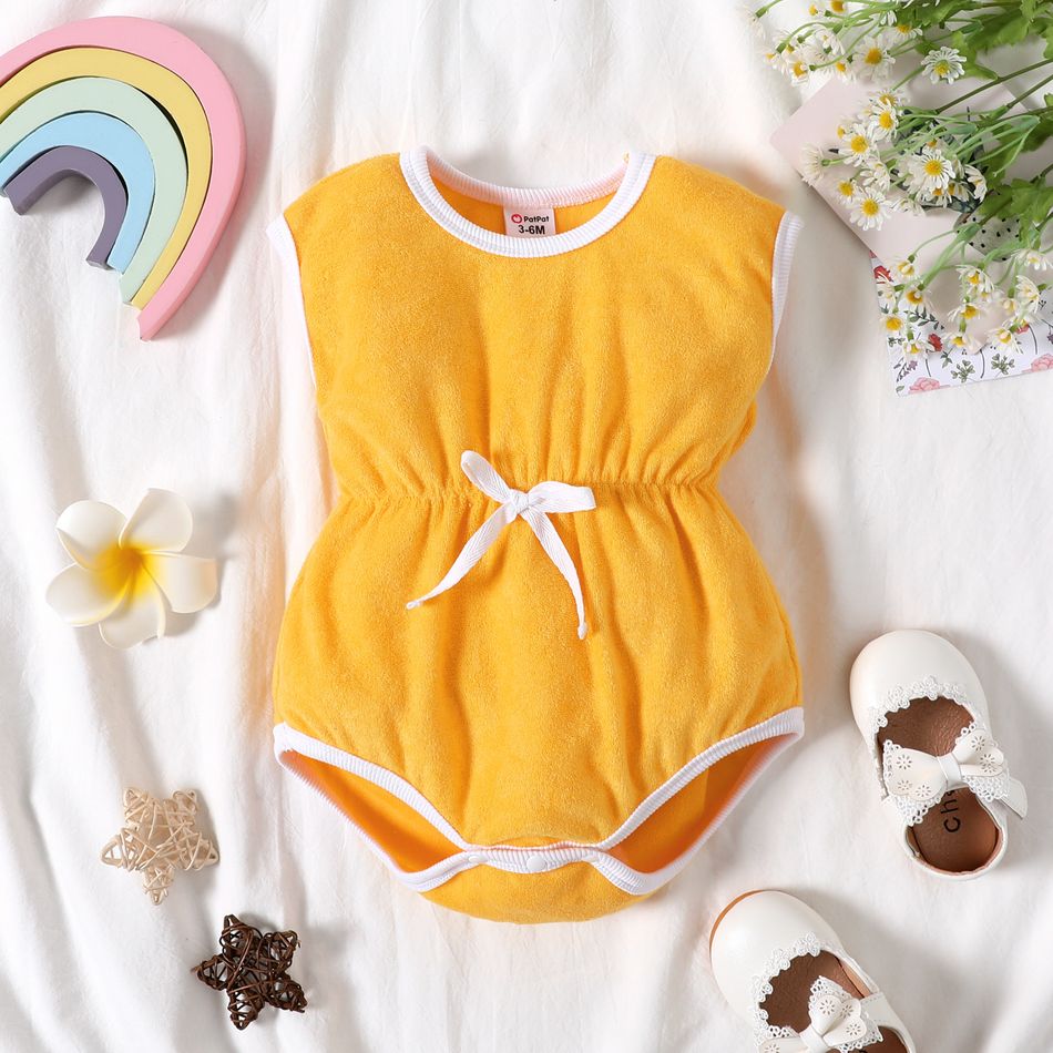 100% Cotton Baby Girl Solid Terry Drop Shoulder Cap-sleeve Romper DarkOrange