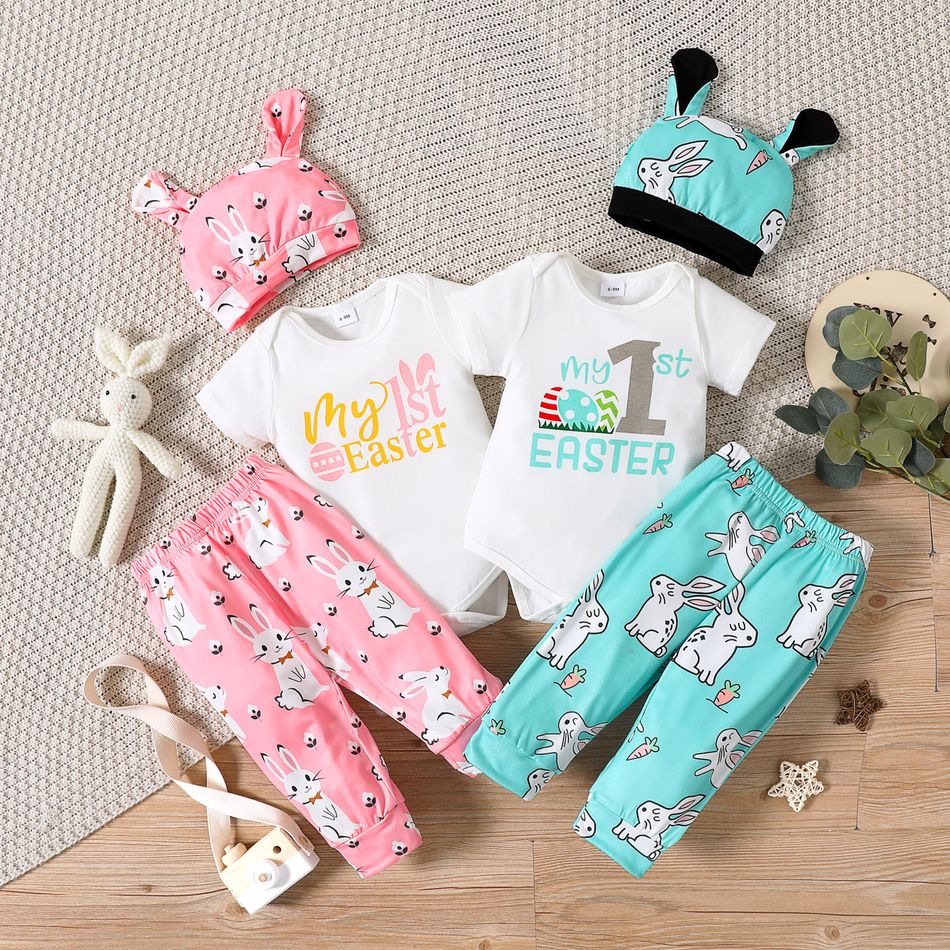 Easter 3pcs Baby Boy/Girl Letter Print Short-sleeve Romper and Cartoon Rabbit Print Pants with Hat Set Pink big image 2