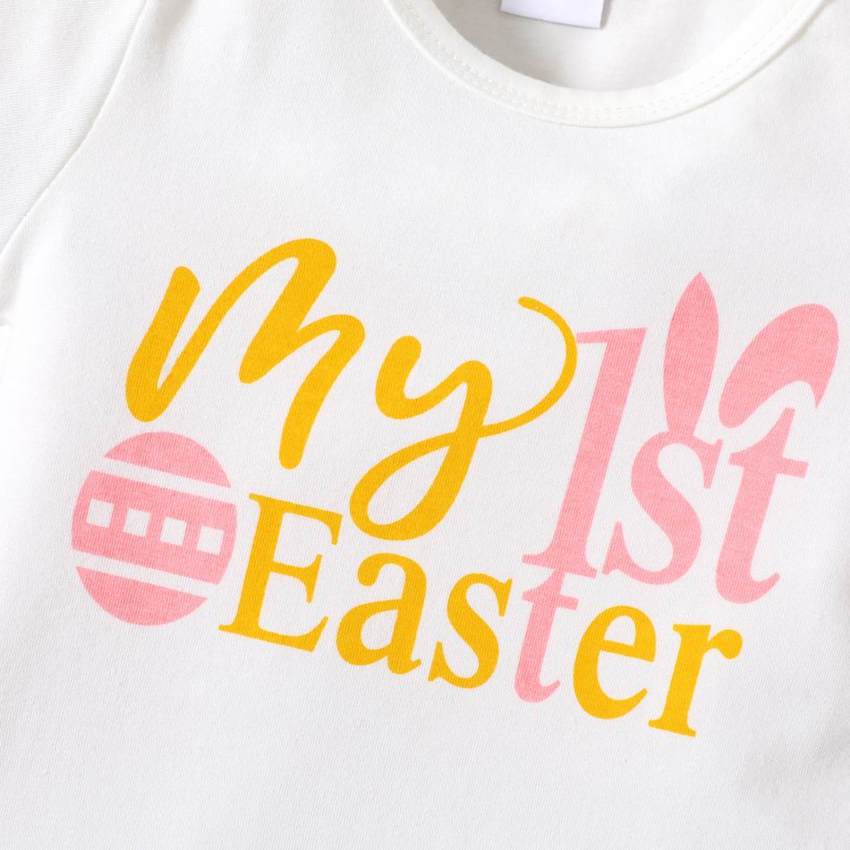 Easter 3pcs Baby Boy/Girl Letter Print Short-sleeve Romper and Cartoon Rabbit Print Pants with Hat Set Pink big image 4