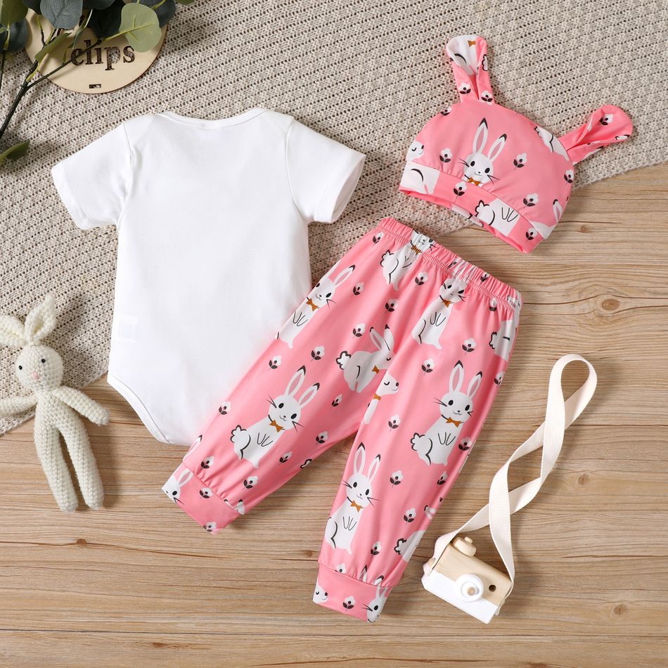 Easter 3pcs Baby Boy/Girl Letter Print Short-sleeve Romper and Cartoon Rabbit Print Pants with Hat Set Pink big image 3