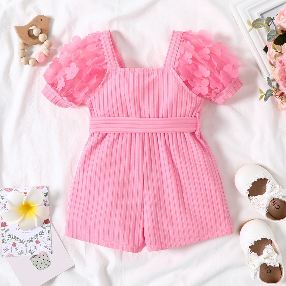 Baby Girl Pink Beaded Floral Applique Puff-sleeve Ribbed Belted Romper Pink big image 3