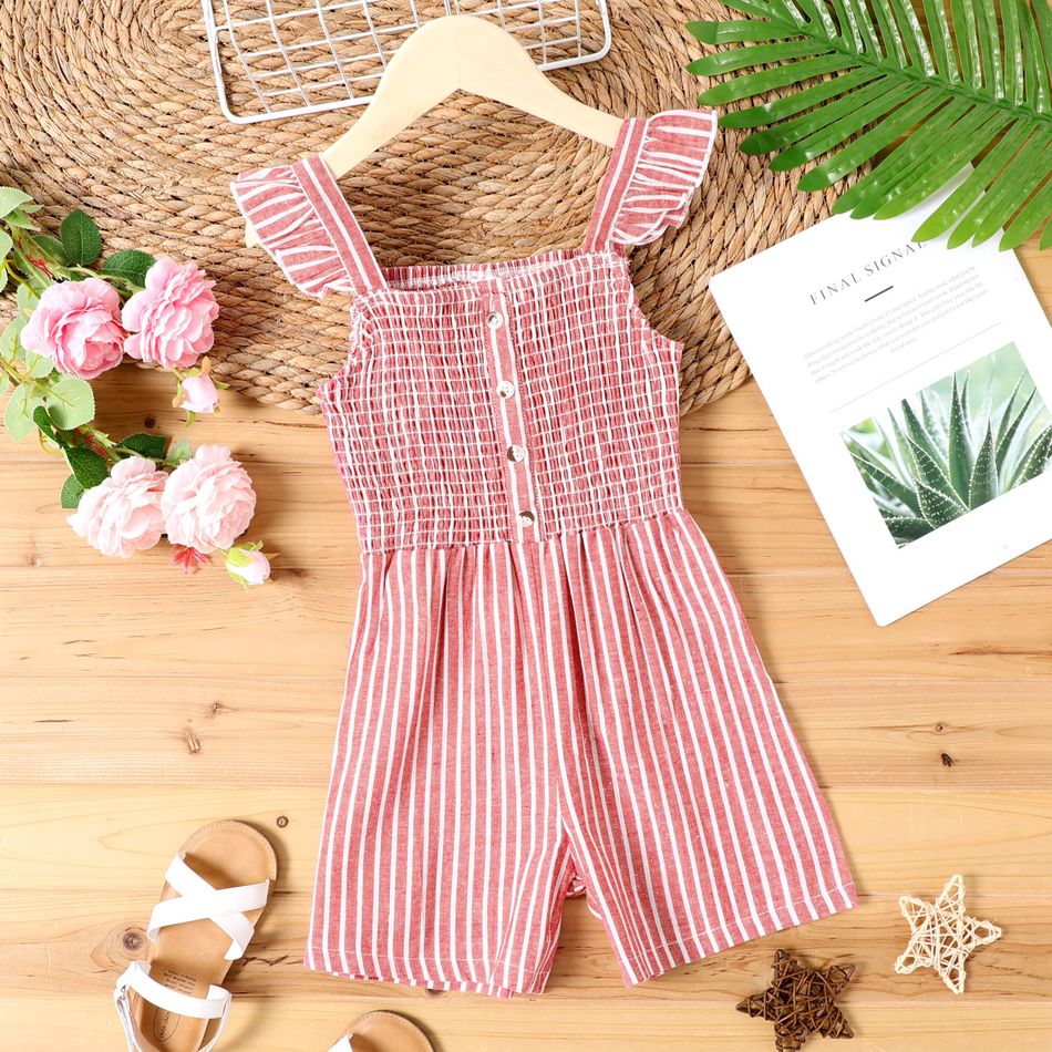 Kid Girl Stripe Button Design Smocked Ruffled Strap Prompers Jumpsuits Shorts Red big image 1