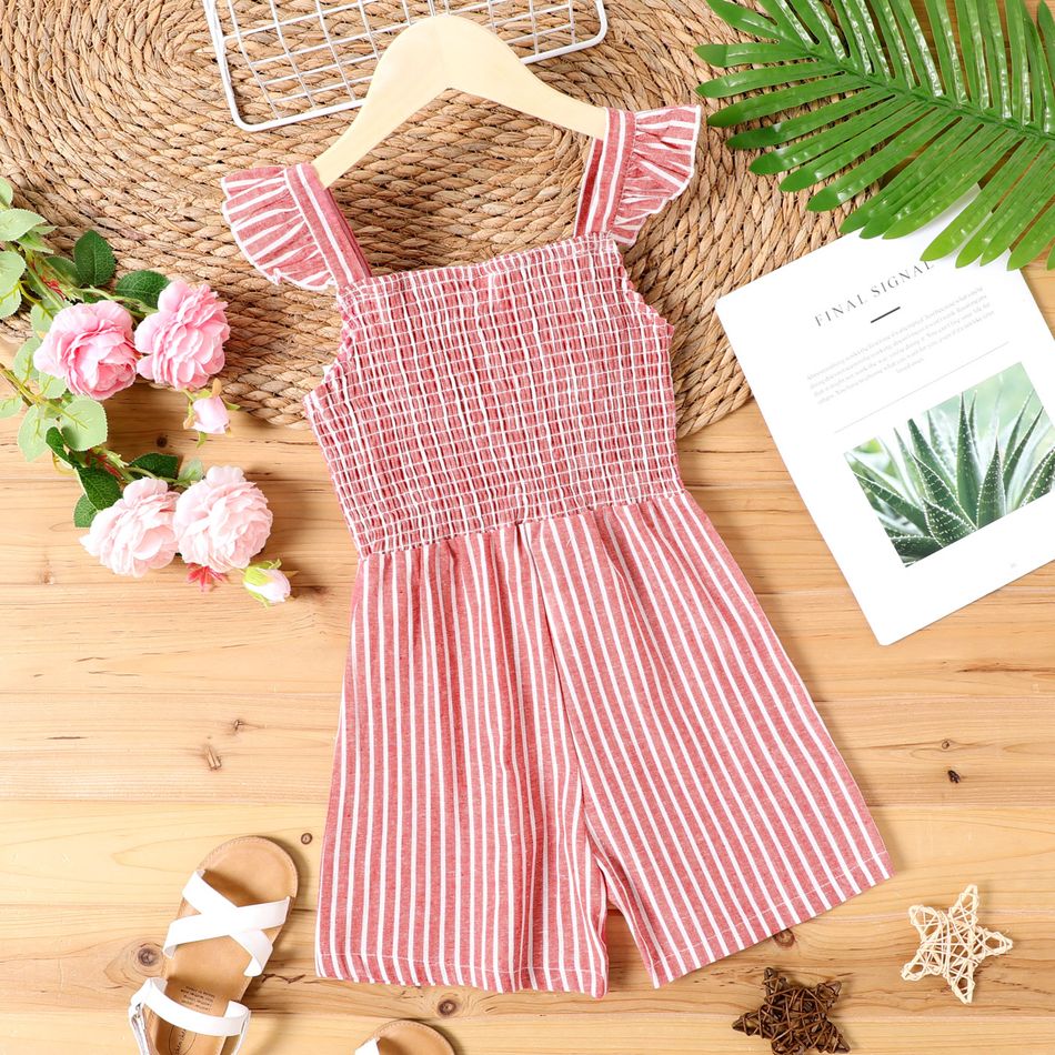 Kid Girl Stripe Button Design Smocked Ruffled Strap Prompers Jumpsuits Shorts Red big image 5