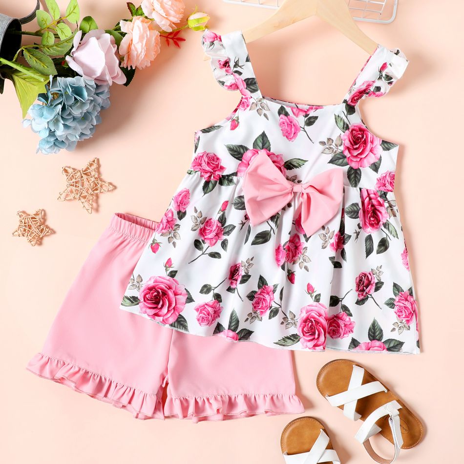 2-piece Kid Girl Floral Print Bowknot Design Camisole and Ruffled Yellow Shorts Set Pink