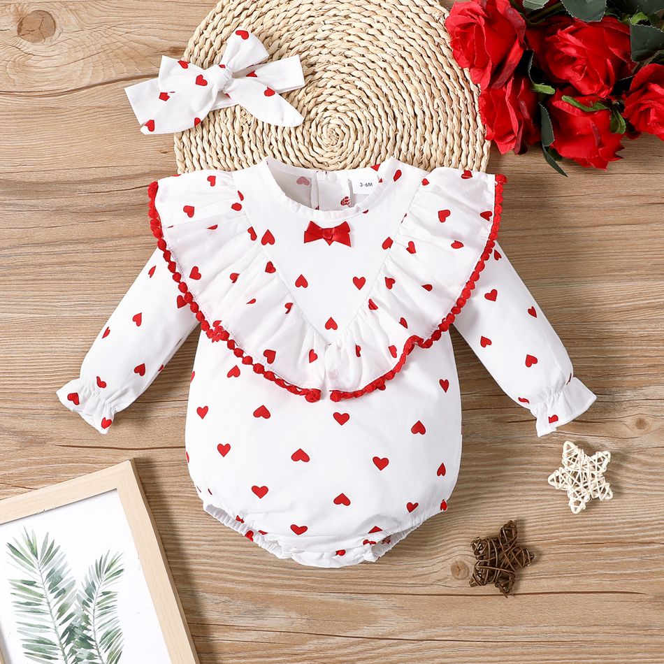 2pcs Baby Girl All Over Red Love Heart Print Long-sleeve Ruffle Romper with Headband Set Beige
