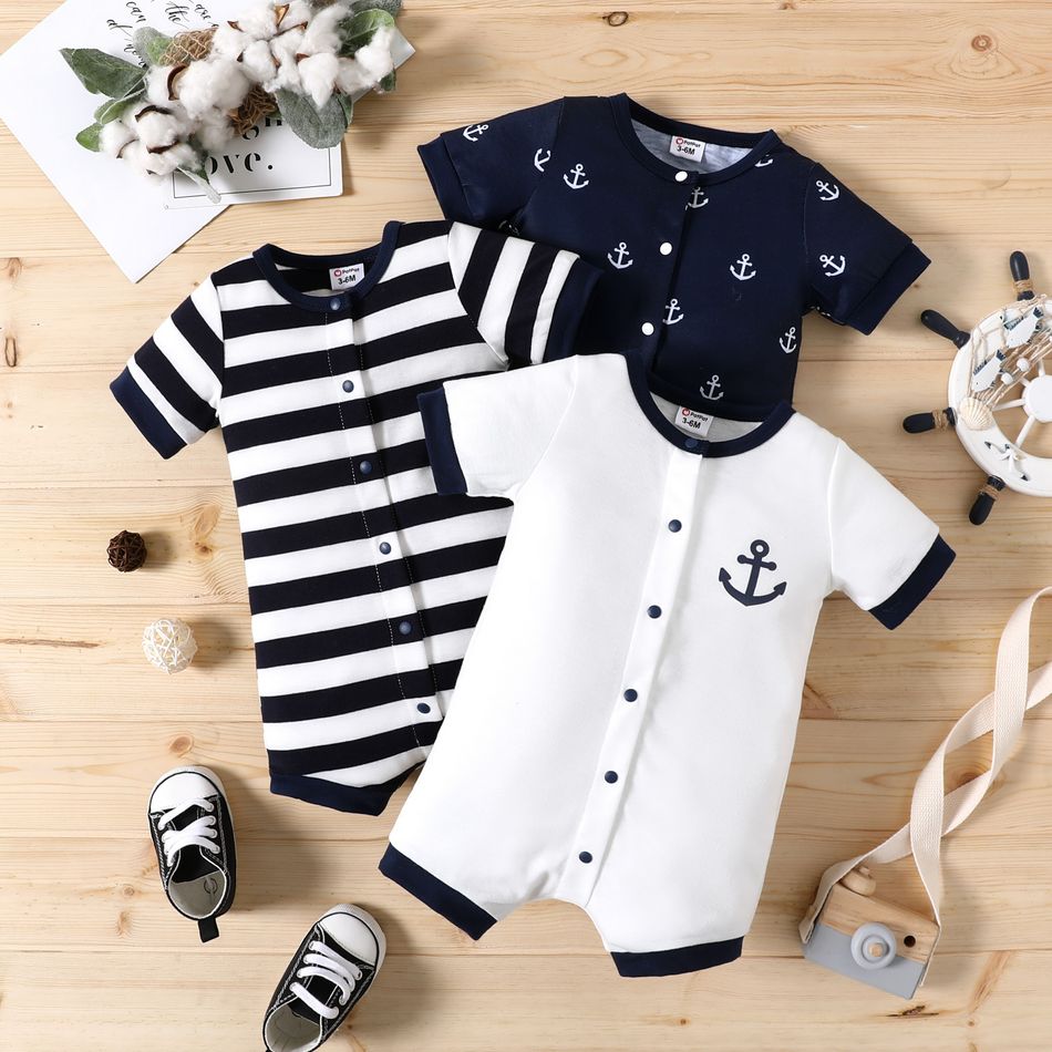 Baby Boy Print/Striped Short-sleeve Snap Romper White big image 2