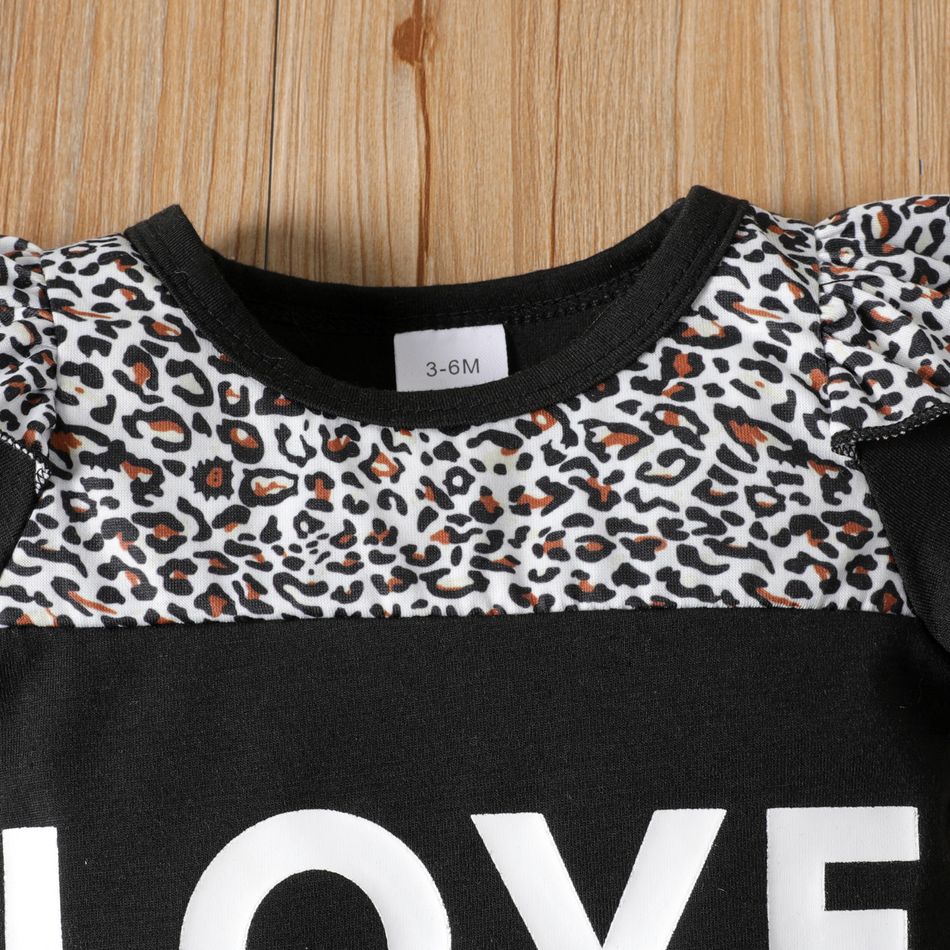 2pcs Baby Girl Letter Print Leopard Ruffle Short-sleeve Romper and Pants Set Black big image 3