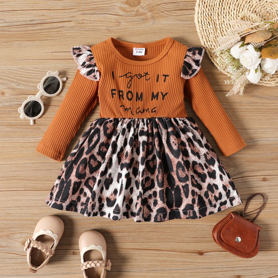 Baby Girl Letter Print Ribbed Long-sleeve Splicing Leopard Ruffle Dress Ginger
