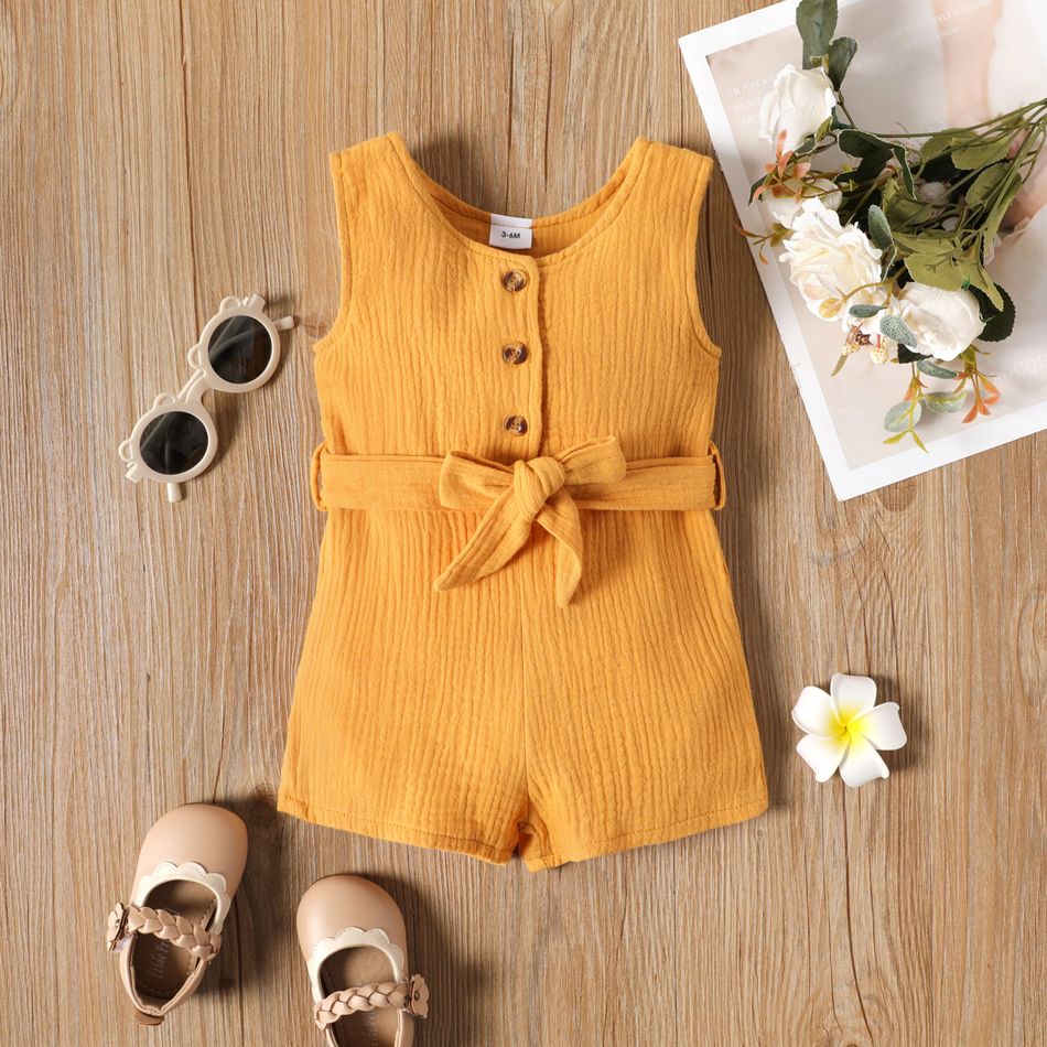 100% Cotton Crepe Baby Girl Button Design Sleeveless Belted Romper Yellow big image 1