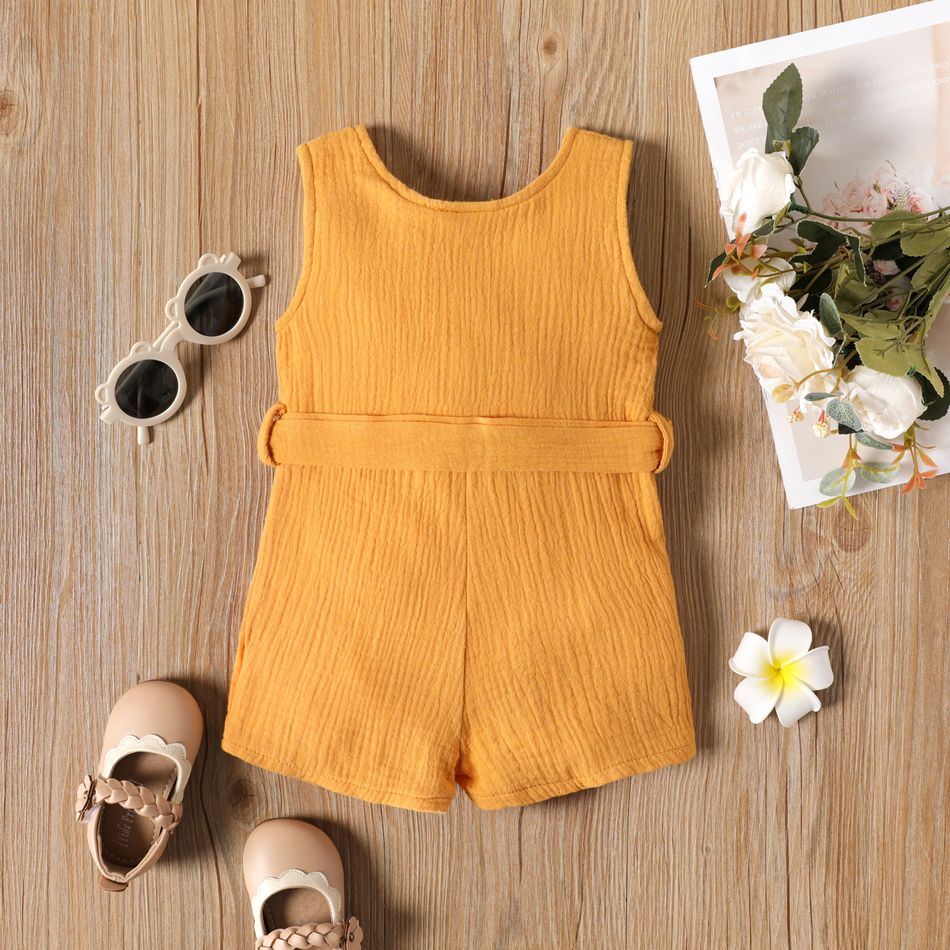 100% Cotton Crepe Baby Girl Button Design Sleeveless Belted Romper Yellow big image 2