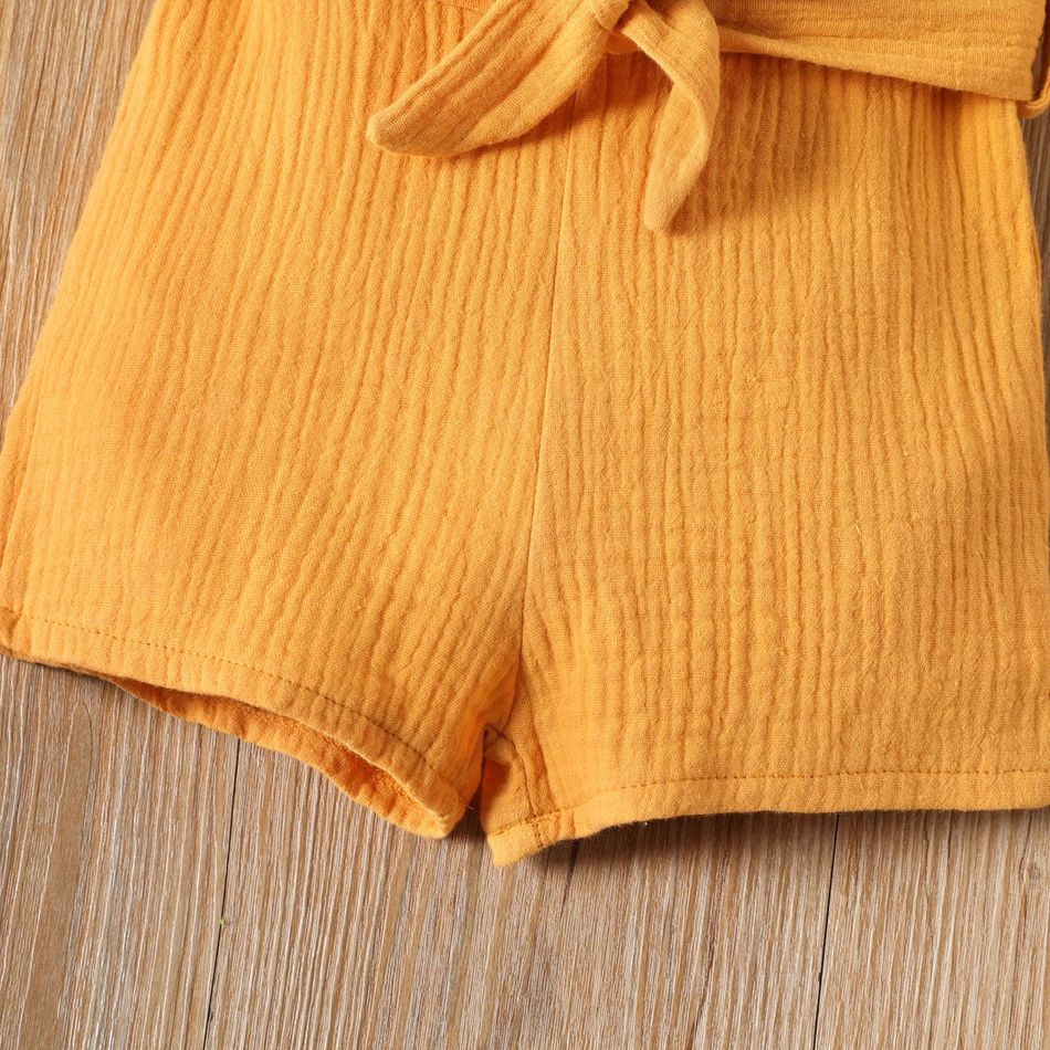 100% Cotton Crepe Baby Girl Button Design Sleeveless Belted Romper Yellow big image 5