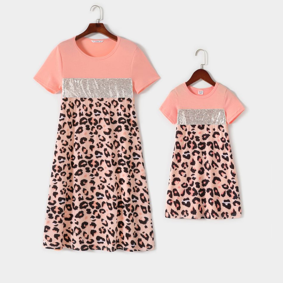 Leopard Print Splice Short-sleeve Matching Pink Midi Dresses Mauve Pink