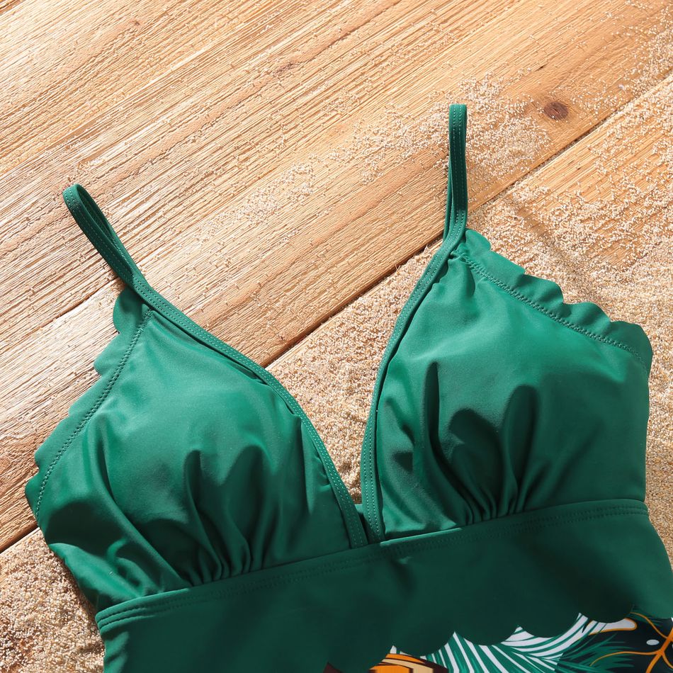 Family Matching Allover Plants Print Swim Trunks Shorts and V Neck Spaghetti Strap Splicing One-Piece Swimsuit Dark Green big image 12