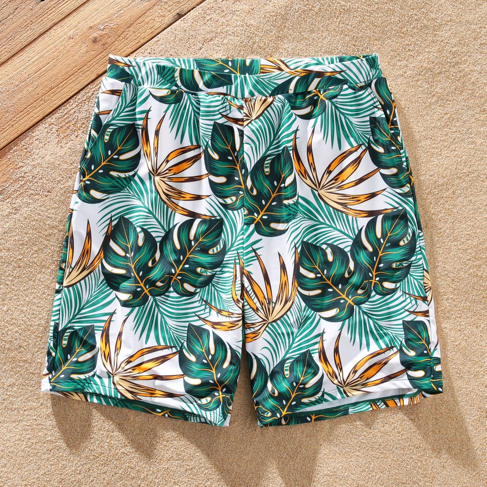 Family Matching Allover Plants Print Swim Trunks Shorts and V Neck Spaghetti Strap Splicing One-Piece Swimsuit Dark Green big image 7