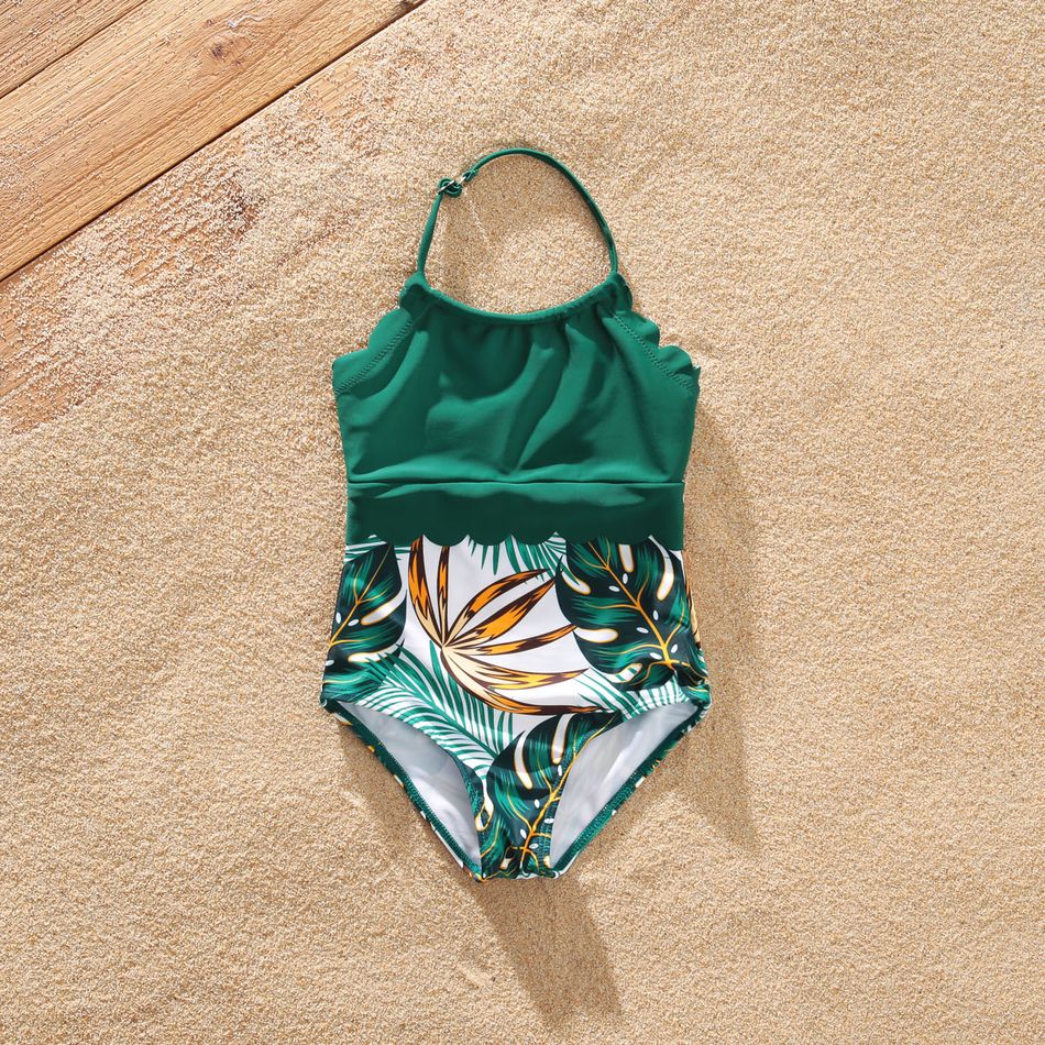 Family Matching Allover Plants Print Swim Trunks Shorts and V Neck Spaghetti Strap Splicing One-Piece Swimsuit Dark Green big image 14