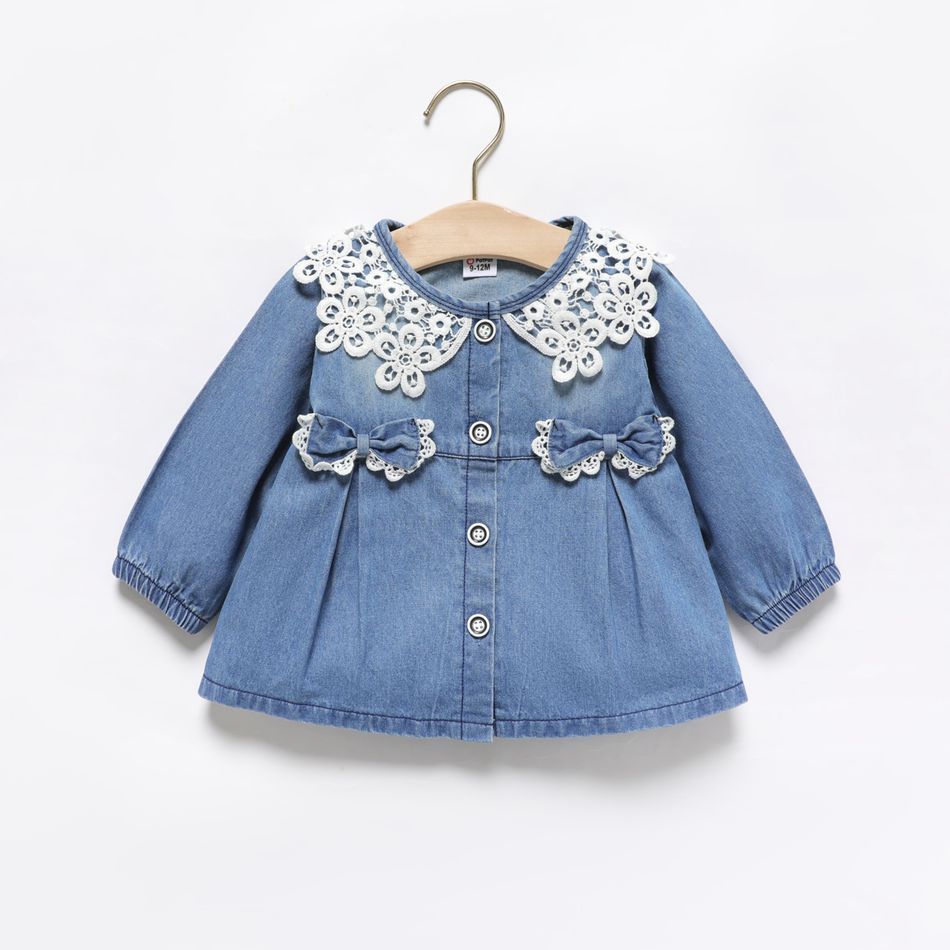 Baby Girl Lace Collar Bowknot Design Button Up Blue Denim Long-sleeve Jacket Blue