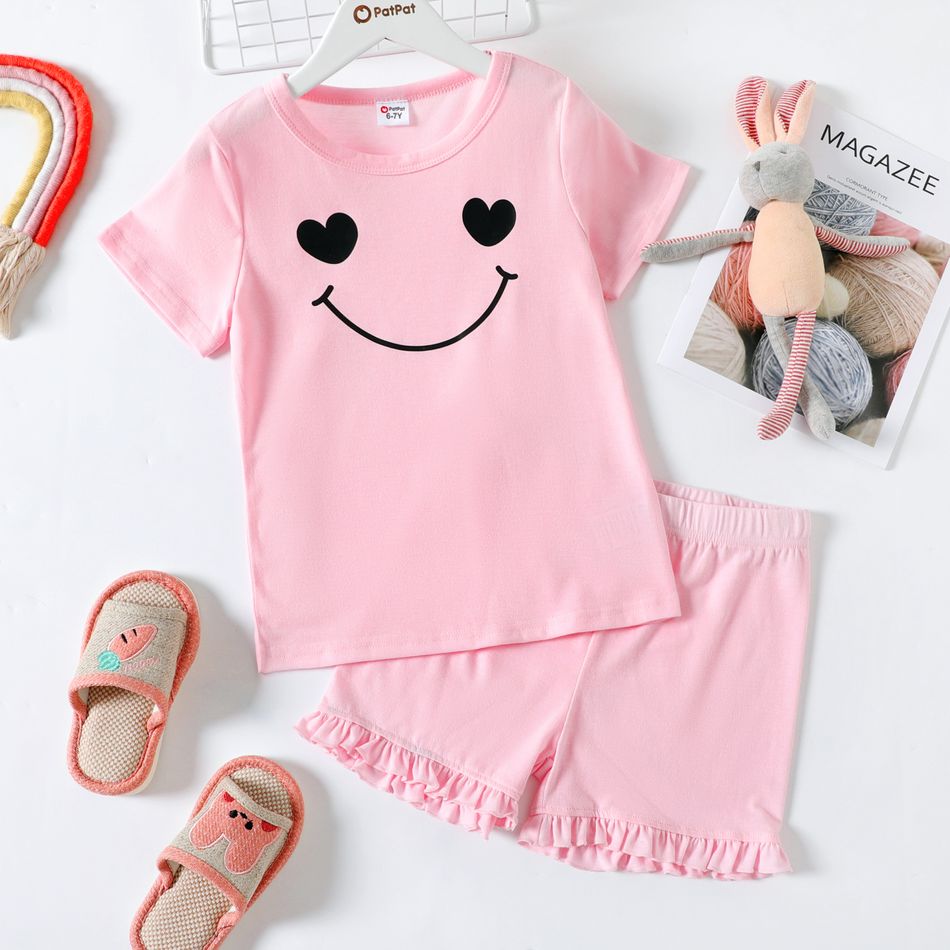 2-piece Kid Girl Smile Print Short-sleeve Tee and Ruffled Elasticized Shorts Set Pink