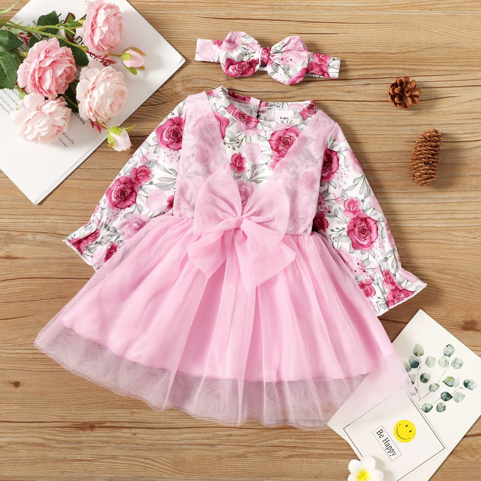2pcs Baby Girl Floral Print Ribbed Long-sleeve Splicing Mesh Bowknot Dress with Headband Set Pink