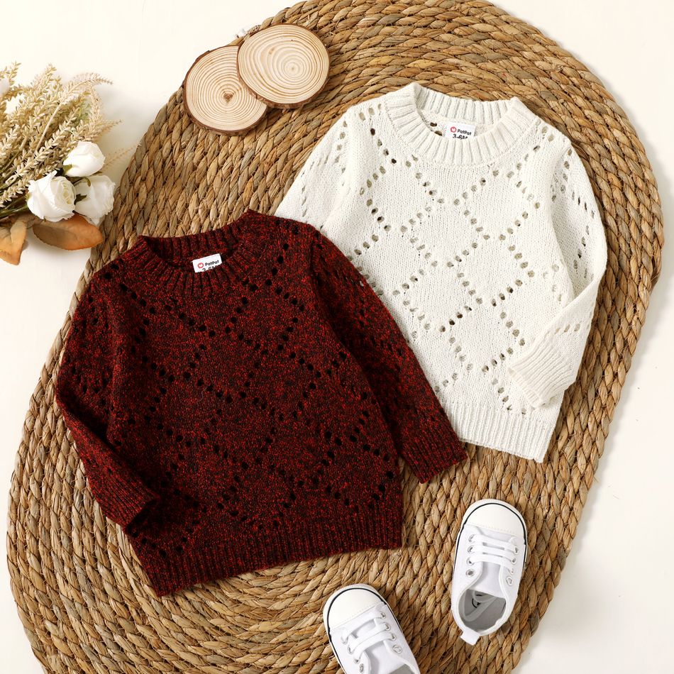 Baby Boy/Girl Solid Hollow-out Knitted Long-sleeve Pullover Sweater White big image 2