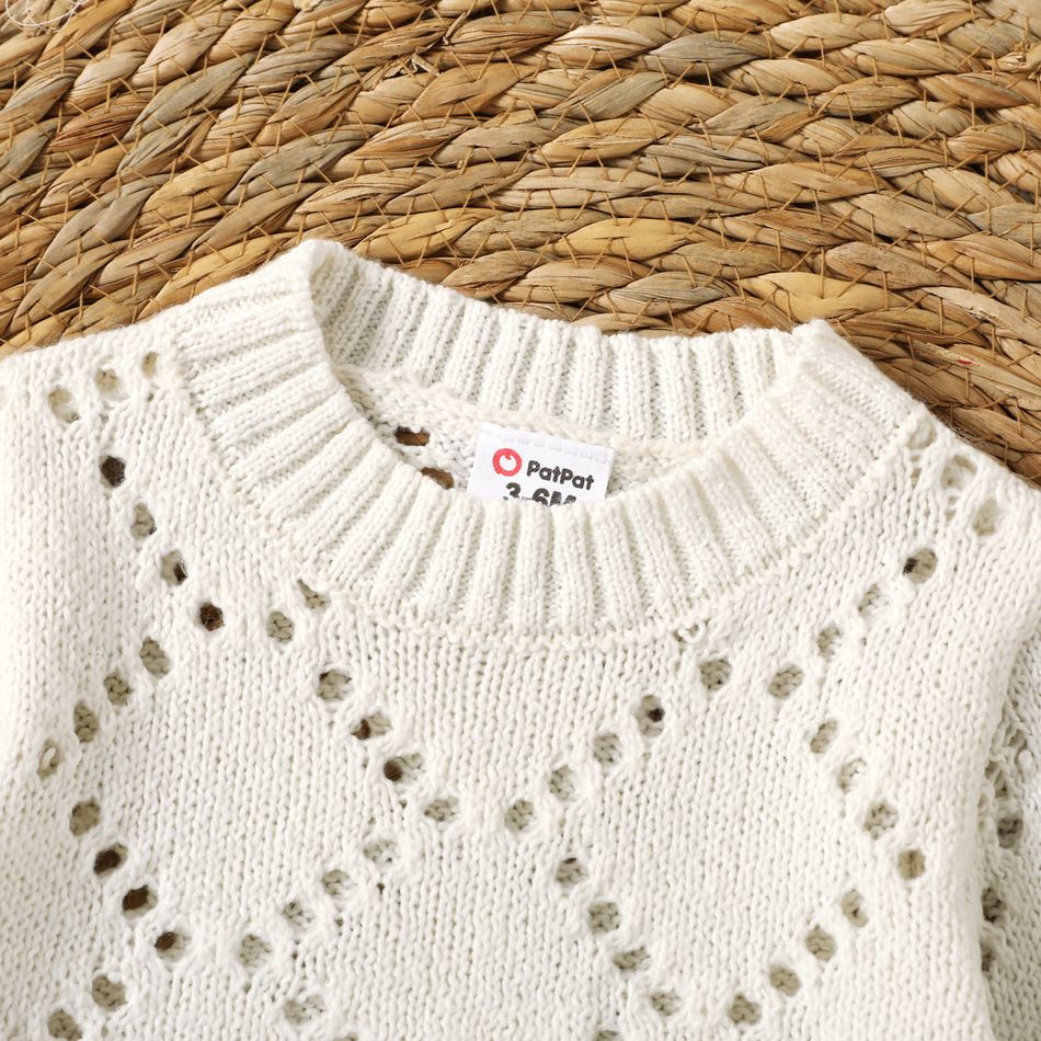 Baby Boy/Girl Solid Hollow-out Knitted Long-sleeve Pullover Sweater White big image 4