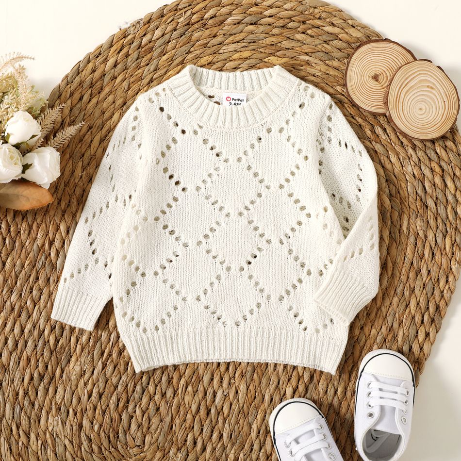 Baby Boy/Girl Solid Hollow-out Knitted Long-sleeve Pullover Sweater White